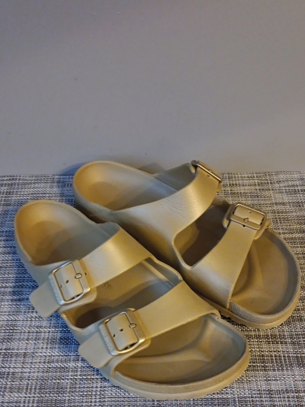 Mens Birkenstock EVA Neutral Tan Double-Buckle Slide Sandals - 11